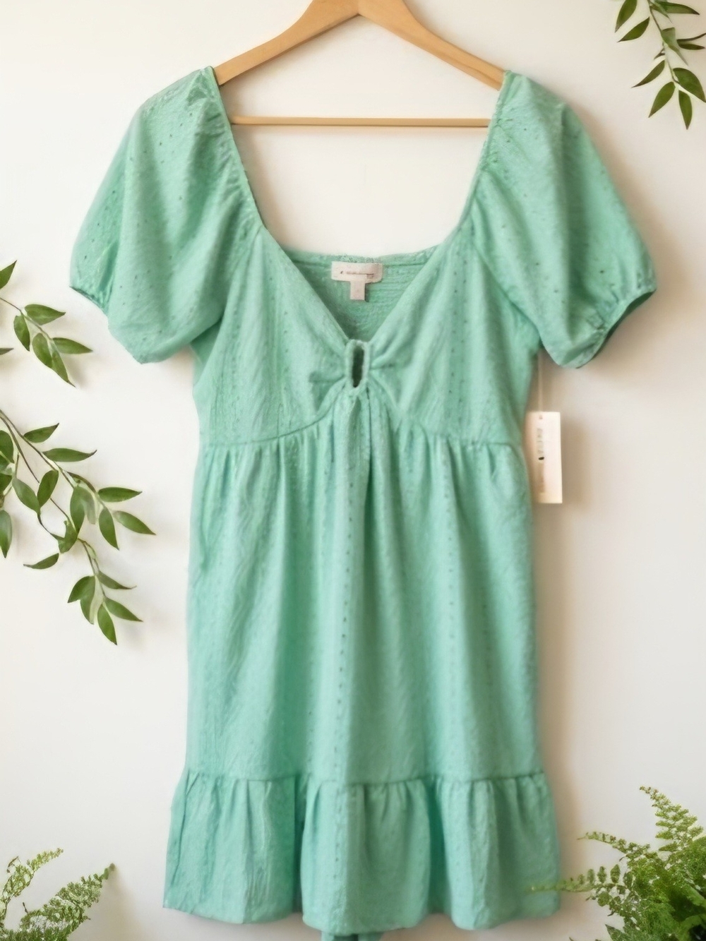 Derek Heart Mint Green Puff Sleeve Tie-Front Mini Dress